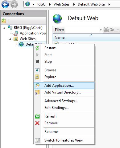 In the IIS 7 Manager, right click on a web site and click on Add Application