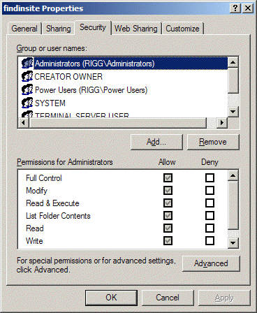 In Windows Explorer, show the properties for the 'findinsite' folder and check the settings in the Security tab