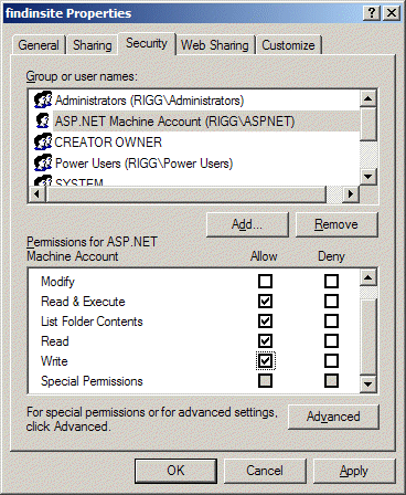 For ASPNET and Network Service, allow Write permission