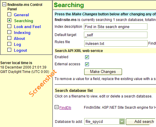 Control Panel Searching section