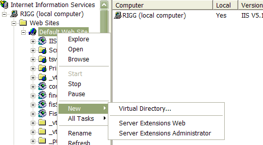 In the IIS 5 Manager, right click on a web site and make a new virtual directory